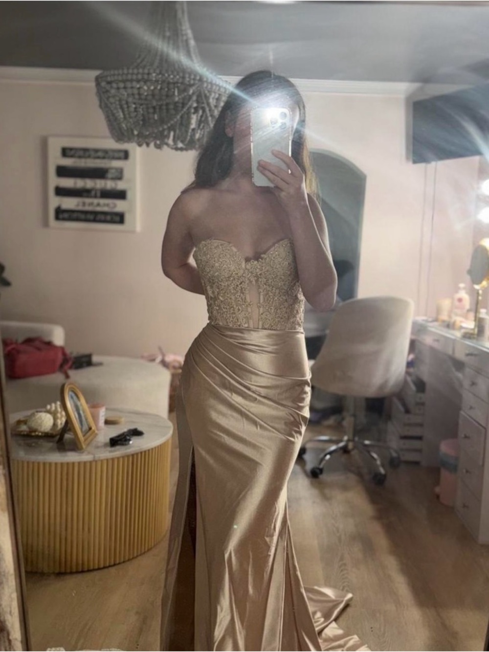 Strapless Gold Embellished Prom Gown